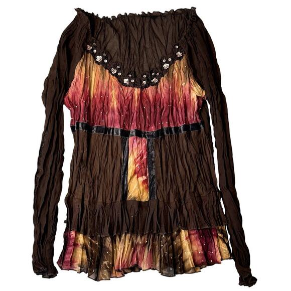 VTG Y2K Brown Pink Velvet Sheer Sequined Top Women's Size Small / Medium - Picture 2 of 5